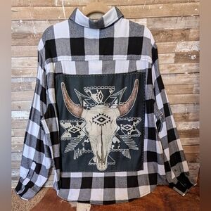 Boho Aztec Bull Upcycled Black/White Flannel Shirt